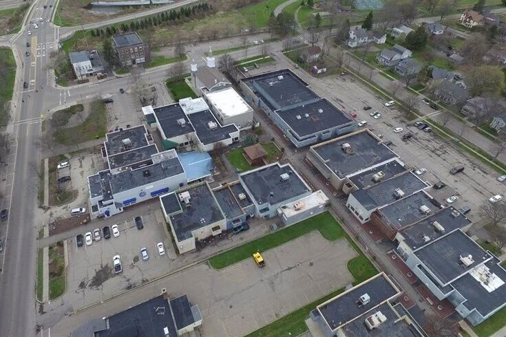 Aerial View of Village of Painted Post local businesses with surrounding streets