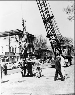 Village of Painted Post Chief Montour statue in black and white